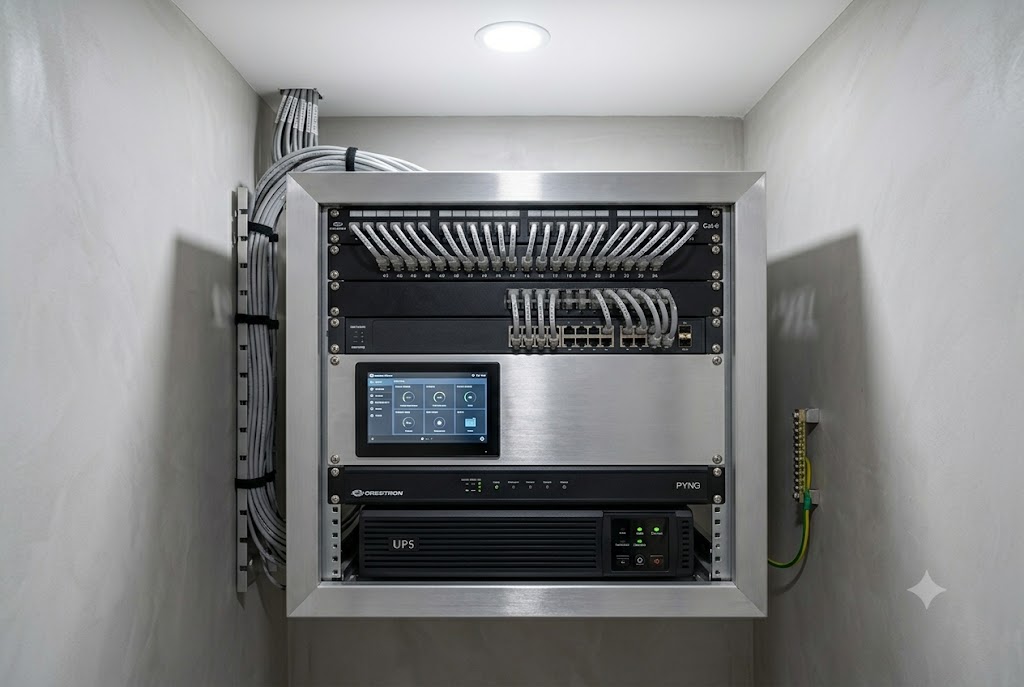 Behind-the-scenes photograph of a smart-home central utility rack in a small utility room of a contemporary Indian house showing a twelve U wall-mounted brushed-aluminium rack at fifteen hundred millimetre height holding from top a twenty-four port Cat-six patch panel with neatly labelled grey patch cables routed to a network switch below, a Crestron Pyng controller, a UPS backup battery unit at the bottom, all Cat-six cables routed through a cable management tray on the side and labelled at both ends with white printed labels, a small touchscreen monitor mounted on the front showing system status, with the wall behind in light grey plaster and a small earthing busbar to the right under soft cool four thousand kelvin LED downlight