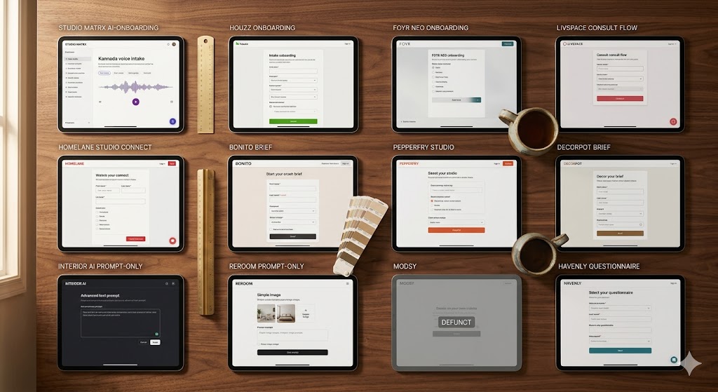 Smart interior onboarding tool landscape comparison 2026 India — Studio Matrx vs Houzz vs Foyr vs Livspace vs HomeLane