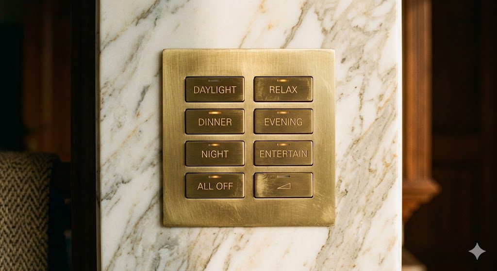 Close-up documentary photograph of a brushed-brass Lutron-style automation keypad set flush into a marble wall in a luxury Indian home, engraved scene labels, warm low light
