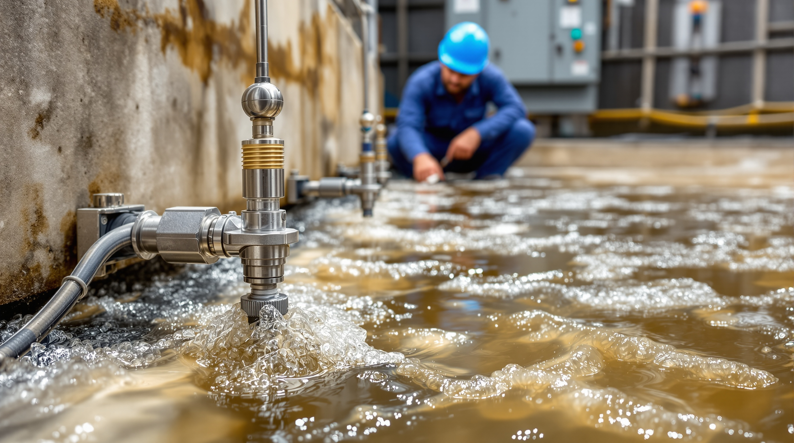 Close-up of optical dissolved-oxygen and turbidity probes mounted at the edge of an STP aeration tank, cabling running to a control panel