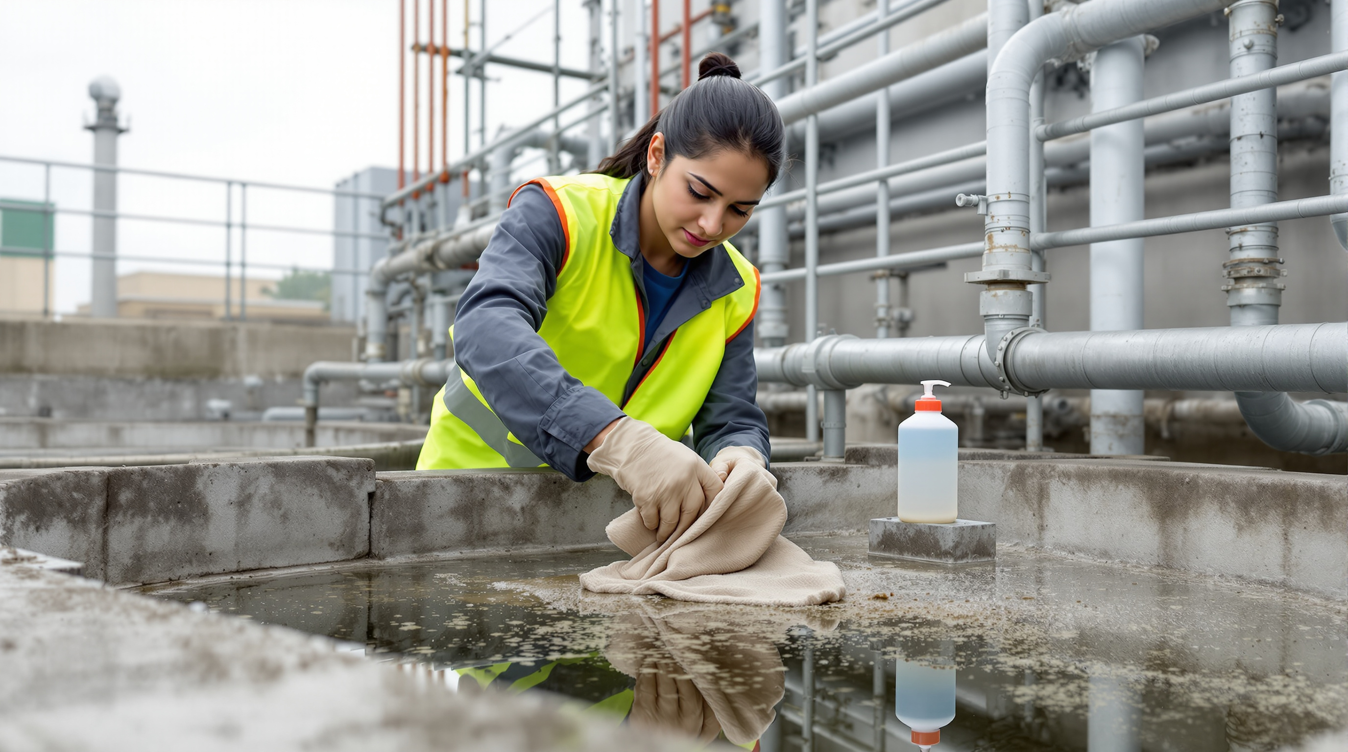 Indian technician wiping biological fouling off a sensor probe during routine maintenance beside a treatment tank
