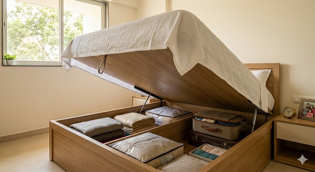 A bed with hydraulic-lift storage base raised open, revealing a clean storage compartment for extra bedding, blankets and suitcases, with the oak bed frame visible