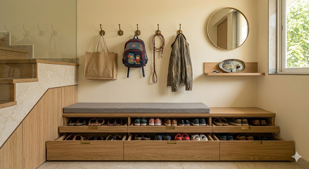 An Indian apartment entry with a built-in 1.5m oak bench seat with shoe-storage drawers below housing 12+ pairs, wall-mounted brass hooks above for coats and bags, a small wall mirror and a ceramic key dish on a slim shelf