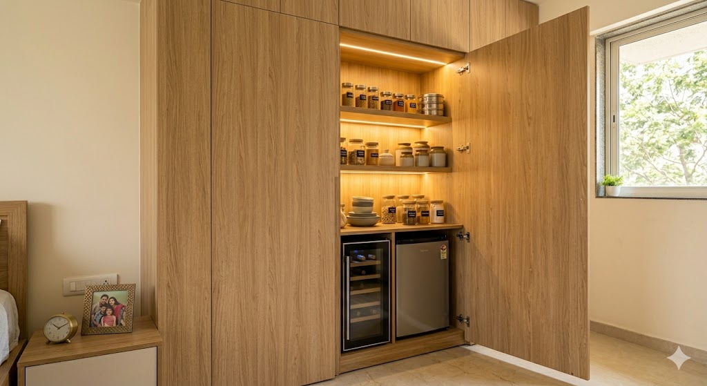 A hidden-door walk-in pantry — a tall jib-door panel in matching wardrobe finish swung open to reveal a small walk-in pantry behind with shelves of jars, masala dabbas, stoneware containers and a small fridge under warm LED light