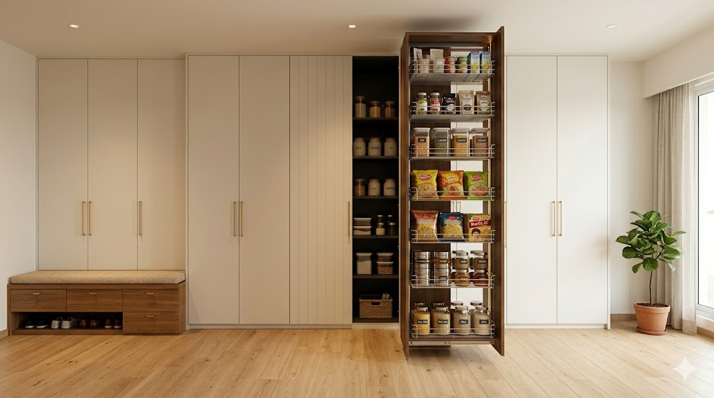 A fully extended tall pantry pullout in an Indian modular kitchen — 600mm wide and 2400mm tall, fully open showing 8 wire baskets at varying heights stocked with masala dabbas, jars, packaged groceries and snacks with neat labels under a warm interior LED strip