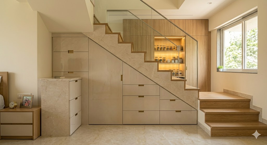 Under-stair storage in a duplex apartment — the area beneath an oak-veneer staircase converted into pullout drawers and a hidden closet door, with drawer fronts perfectly matching the floor finish and brass handleless pulls