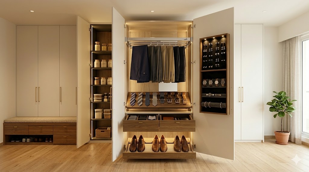 An open wardrobe interior with Hettich-Hafele modular organization — pullout trousers rack with 6 pairs hanging, a fold-out tie rack, lift-up shoe drawer at base, a vertical jewellery insert and two shallow accessory drawers under soft warm LED