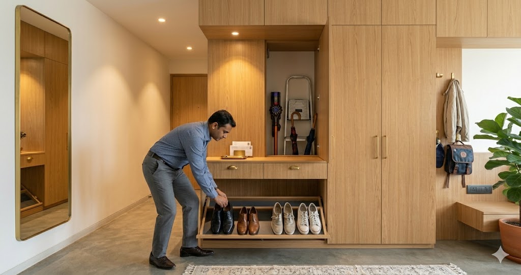 Wide-angle photograph of an entry foyer storage system in a Pune apartment a narrow 6 ft wide entry corridor with floor-to-ceiling oak veneer joinery on the right wall featuring a pull-out tilt shoe rack at the bottom showing a row of leather and canvas shoes a slim console with a single drawer at waist height holding a brass key tray and a stack of letters above the console a flush jib door panel slightly ajar revealing a concealed utility cavity with vacuum cleaner and umbrellas inside on the left wall a narrow full-height mirror with a thin brass frame warm 2700K downlights casting soft pools brushed brass coat hooks at adult and child reach heights a man in his late thirties wearing office trousers placing his shoes on the rack calm orderly atmosphere magazine-quality Indian interior photograph