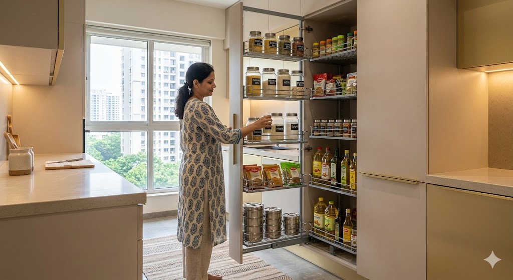 Wide-angle photograph of a pull-out pantry tower in a modular kitchen in a Mumbai 3 BHK apartment morning light from a north window the pantry tower fully extended showing six wire-mesh tiers loaded with labelled glass jars of dal rice atta sugar masala packets bottles of cooking oil and a tier of stainless steel tiffin boxes the surrounding kitchen in soft oat matte laminate with brushed brass push-to-open fronts a quartz counter visible in foreground a woman in her forties wearing a cotton kurta reaching for a jar contemporary Indian magazine-quality interior photograph clean Hettich or Häfele hardware visible warm 2700K interior lighting