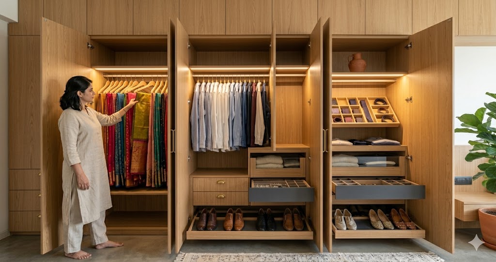 Wide-angle photograph of an open wardrobe in a Bengaluru master bedroom showing pristine internal organisation full-height oak wardrobe doors swung open to reveal long-hang section with sarees and shirts on velvet anti-slip hangers a 4-drawer bank in matte laminate with Blum Tandembox drawers slid partly open showing folded knitwear an accessory pull-out with ties and belts visible an internal LED strip casting warm 2700K light across the contents shoe trays pulled out at the bottom showing 8 pairs of shoes a closed jewellery insert drawer warm wood interior wardrobe finish brushed brass pull handles concealed inside the doors a woman in her thirties in a beige linen kurta selecting a saree calm orderly atmosphere magazine-quality Indian interior photograph
