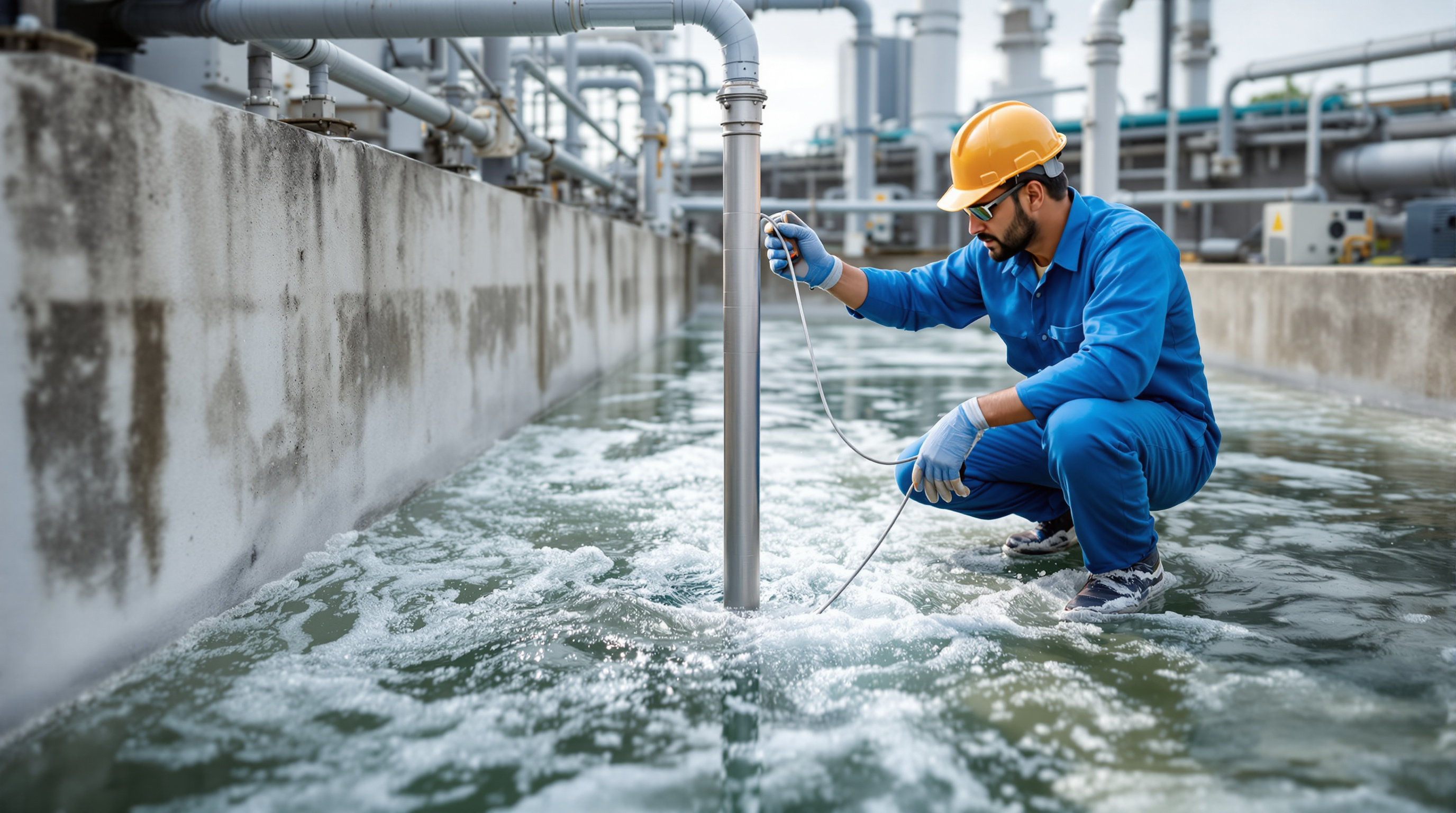 An Indian STP operator lowering a dissolved-oxygen probe into an aeration tank while checking a handheld meter