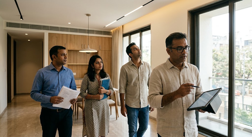 Handover walkthrough — architect, client, interior designer, and contractor's project manager moving through a finished living-and-dining area with completed flooring, lighting, and joinery, the architect annotating a printed punch list on a tablet