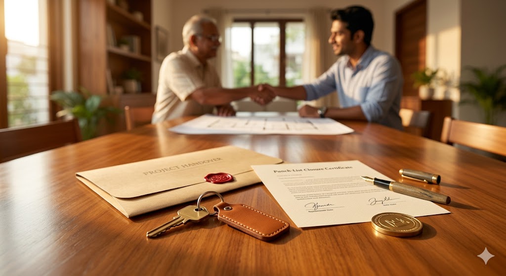 Final handover scene — keys, documentation folder, and signed punch-list closure certificate on a kitchen counter in a completed Indian residence, late-afternoon light, the client and architect shaking hands in soft focus background