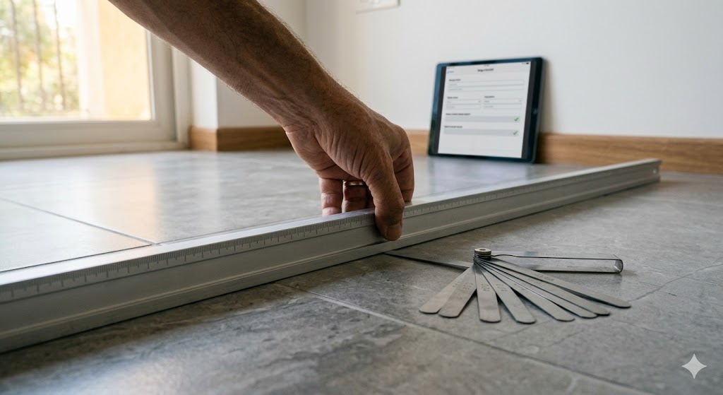 Defect-zone inspection — architect with laser distance meter checking the 3mm-per-3m flatness tolerance on a vitrified-tile floor, the snag-checklist tablet beside the wall, finished bedroom interior with morning daylight