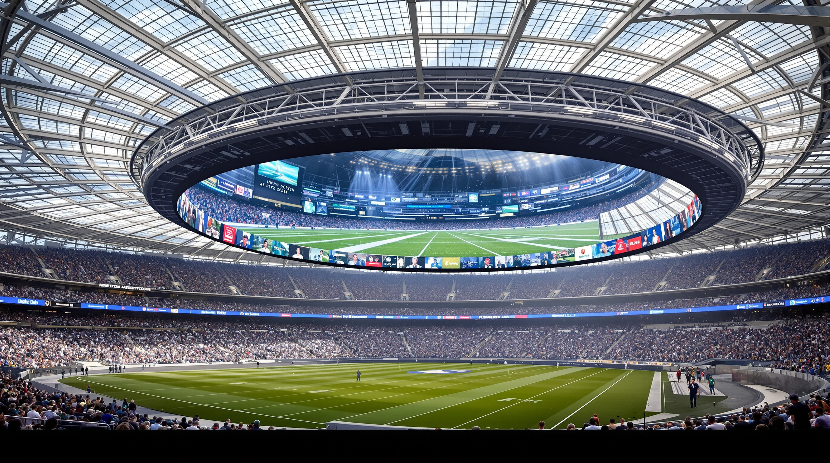 The Infinity Screen by Samsung, a vast double-sided oval 4K video board, hanging from the underside of SoFi Stadium's canopy above the field, its curved surfaces wrapping video around the entire bowl