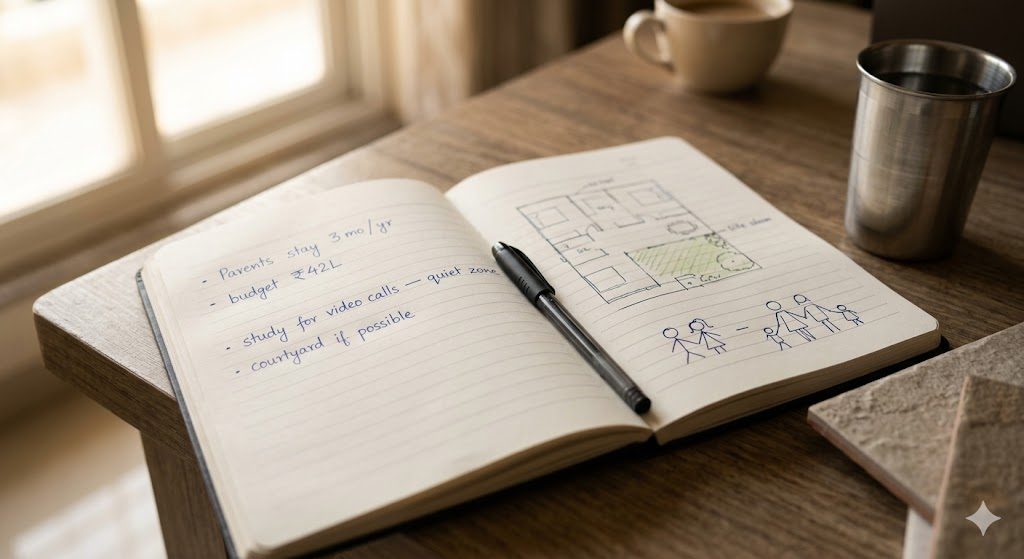 Client listening notes — close-up of an architect's notebook on a wooden meeting table with handwritten brief notes, family member sketch icons, budget figures, room-program list, and small site sketch; a glass of water and a black pen rest beside the notebook, soft afternoon light from a window, documentary photography style, neutral tones