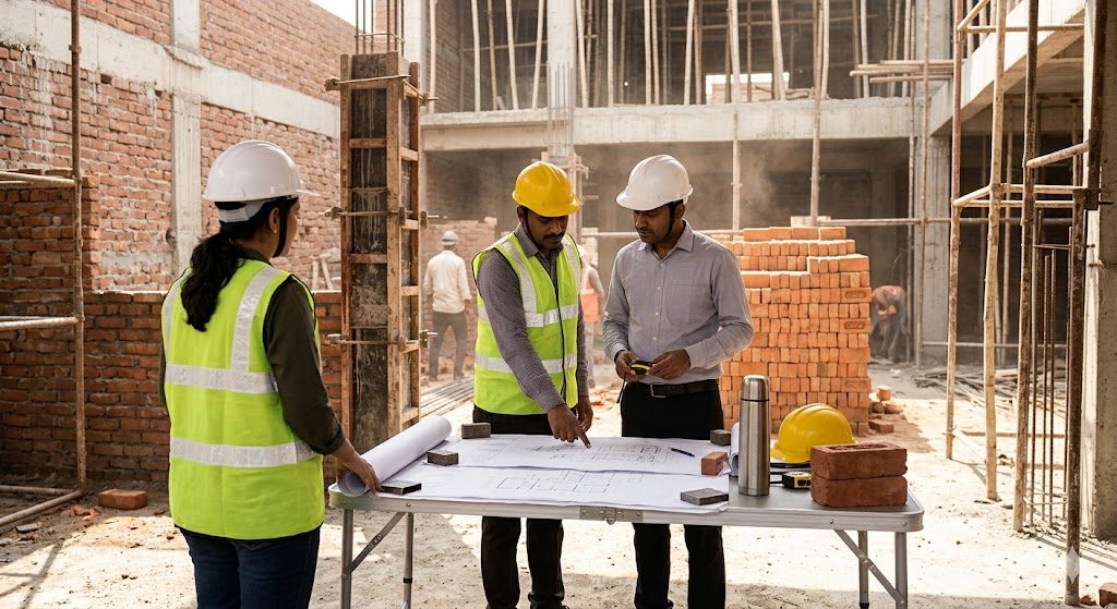 Site coordination meeting in progress on an Indian residential construction site — an architect in a hard hat reviews a set of drawings spread on a folding table with the site supervisor and a structural engineer, plastered brick walls in the background, scaffold visible, mid-morning daylight, documentary photography style, no faces visible (shot from behind), neutral colour grading
