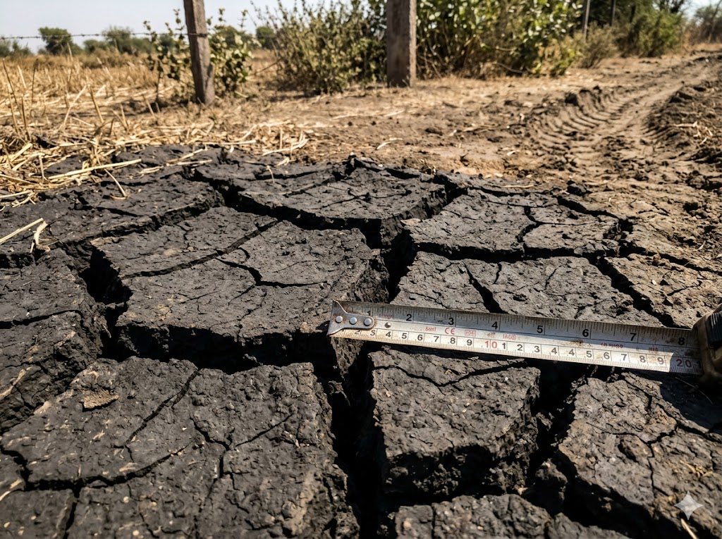 Black cotton soil showing characteristic shrinkage cracks during the dry season — the classic problem soil of central India