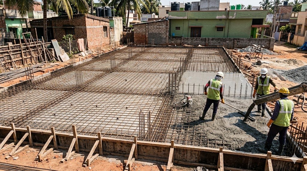 Reinforced concrete raft foundation under construction on a problem soil site — a foundation choice driven by bearing capacity