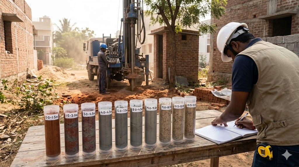 Borehole site investigation in progress on an Indian construction plot — soil sample tubes lined up, geotechnical engineer at work