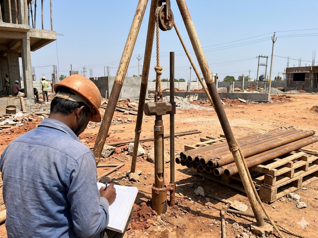 SPT (Standard Penetration Test) rig in operation on an Indian site — split-spoon sampler being driven