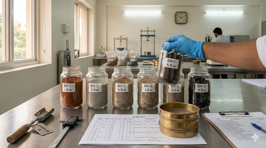 Six labelled glass jars of soil samples lined up on a stainless-steel bench in a NABL-accredited Indian lab — each tagged with bore hole and depth (BH-1 / 1.5 m, BH-1 / 3.0 m, BH-1 / 4.5 m, BH-2 / 1.5 m, BH-2 / 3.0 m, BH-2 / 4.5 m), visibly different soils per layer (reddish loam, grey silt, sandy mix, dark expansive clay), alongside a bore log sheet with handwritten SPT N-values, a brass sieve set, a split-spoon sampler, and an IS-2720 part-wise test checklist. The report you receive is the synthesis of these jars