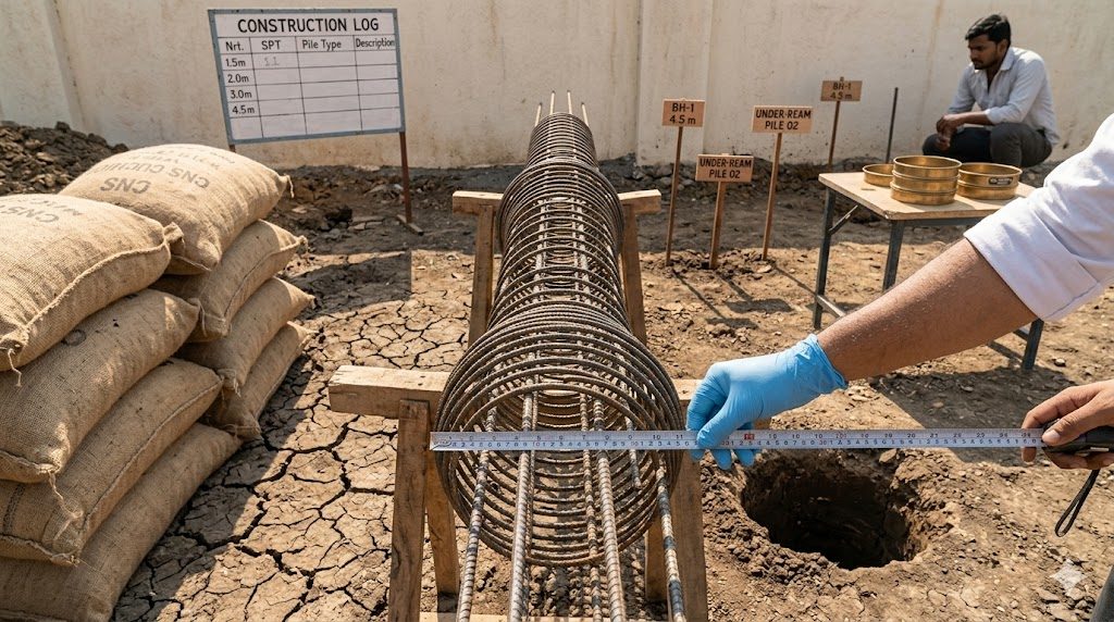 Under-reamed pile rebar cage on a black-cotton-soil residential site — the characteristic 12 mm vertical cage with two pronounced bulb-shaped widenings (spiral stirrups expanding outward) ready to anchor against stable strata past the seasonal swell zone. CNS cushion fill bagged nearby, deep desiccation cracks visible in the surrounding soil. This is what the soil report's recommendation actually looks like on site
