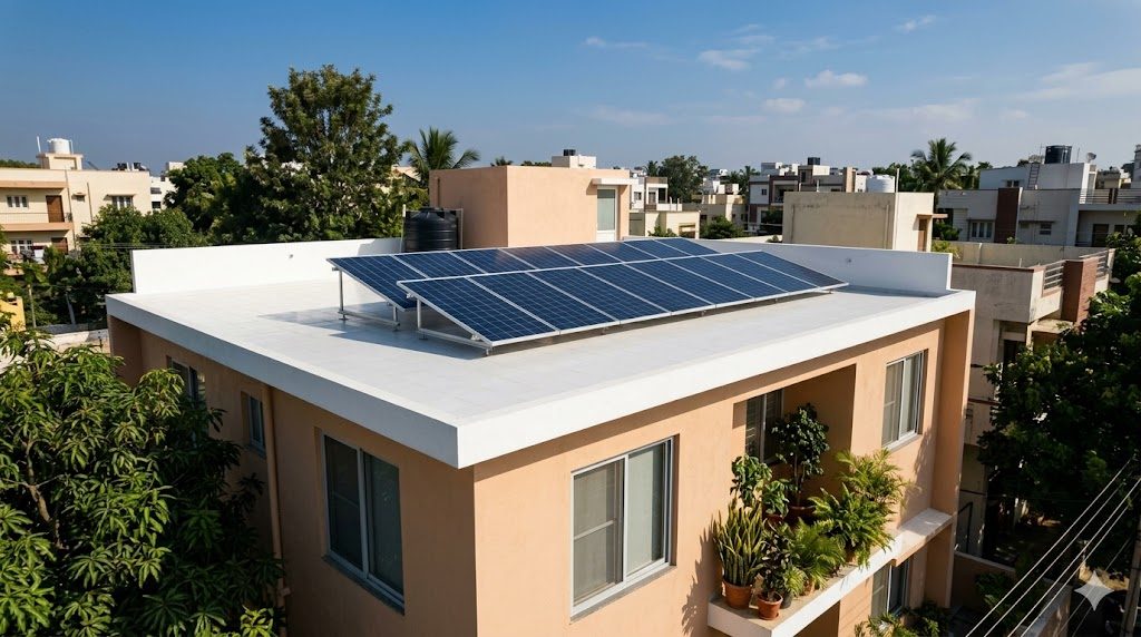A contemporary urban Indian home with a well-integrated rooftop solar array — south-facing flat terrace with neatly aligned panels, mounting structure barely visible, water tank tucked behind, mid-morning sun