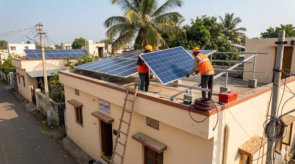 A modest peri-urban Indian home undergoing rooftop solar installation under the PM Surya Ghar scheme — installer team mounting panels on the terrace, ladder and tools in frame, neighbouring rooftops visible