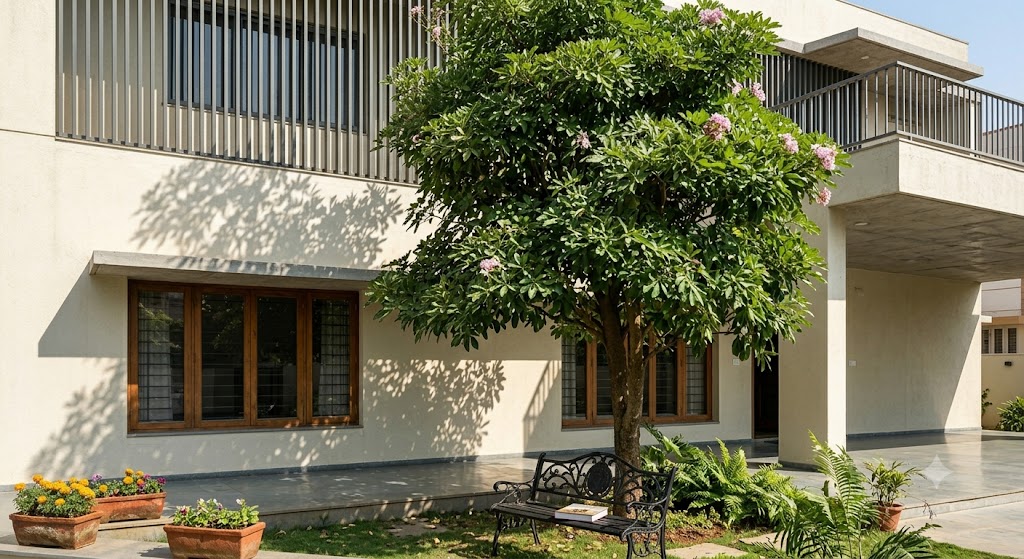 A mature Tabebuia rosea tree in full summer canopy planted in the south yard of an Indian home with the dense canopy casting dappled shade across the south facade of the building behind, a small wrought-iron bench with a single book in the shaded zone, and the south facade with deep chajjas partially visible through the canopy — visually arguing that south-yard planting is climatically essential