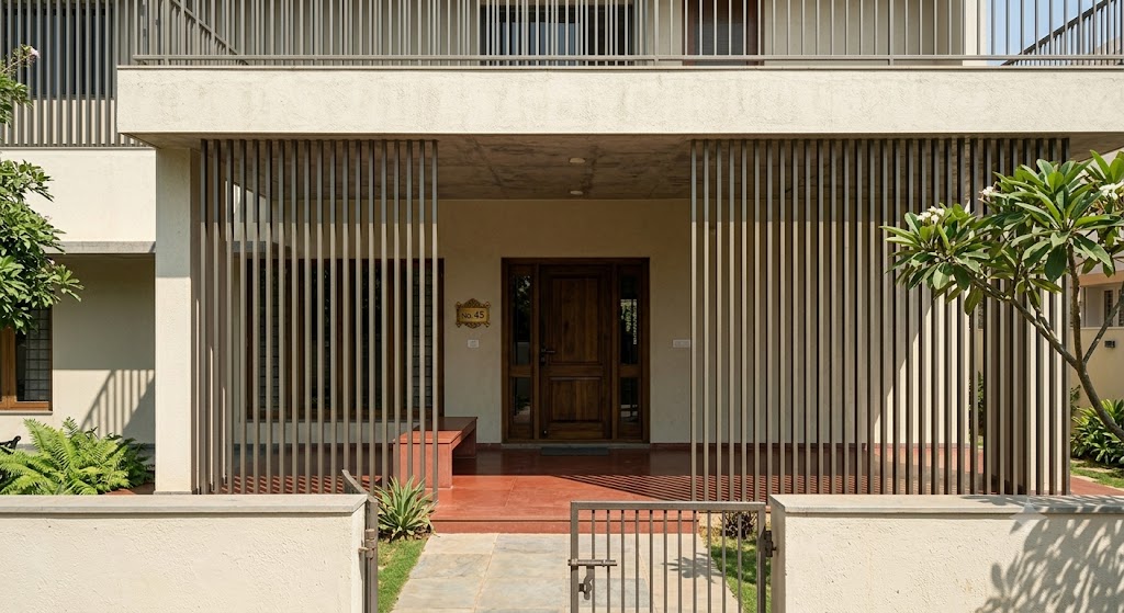 Main entry of a south-facing Indian home at midday with a deep entry verandah running the full south face shielded by vertical louvre fins casting a rhythmic vertical shadow pattern across the red oxide IPS verandah floor and the threshold beyond, the teak entry door centred and set back 1.8 metres into the shaded verandah and the door itself in deep shade despite the midday sun outside — visually proving south-facing entry is dignified when verandah-discipline is in place