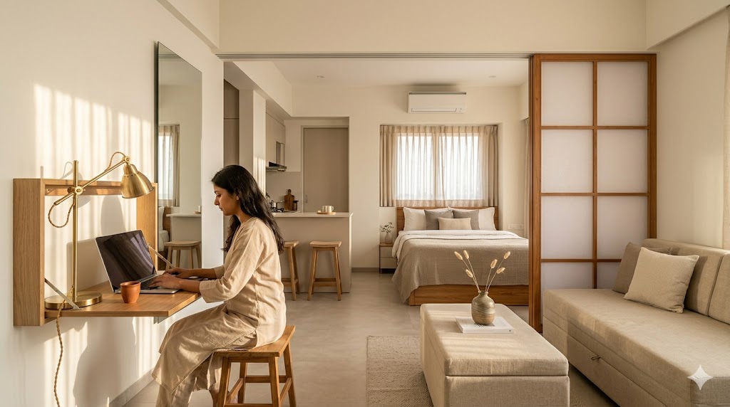 A 480 square foot 1 BHK living sleep study combined zone in a Mumbai apartment late morning sunlight streaming through floor to ceiling oat coloured sheer linen curtains hung 15 cm above the window frame a low slung 38 cm oat linen sofa cum bed against the north wall a translucent sliding shoji partition with warm wood frames separating the sleep zone from the living zone fully open during day a fold down Hafele wall mounted desk in oak veneer with a single laptop and a brass anglepoise task lamp on the east wall a tall frameless mirror floor to near ceiling on the west wall bouncing morning light a small breakfast bar island in oat matte laminate visible through the kitchen pocket door an Indian woman in her early thirties working at the fold down desk wearing a relaxed beige cotton kurta with a cup of chai a single Auroville stoneware vase with a eucalyptus stem on the storage ottoman doubling as coffee table magazine quality interior photograph compact urban Mumbai apartment quiet WFH lifestyle