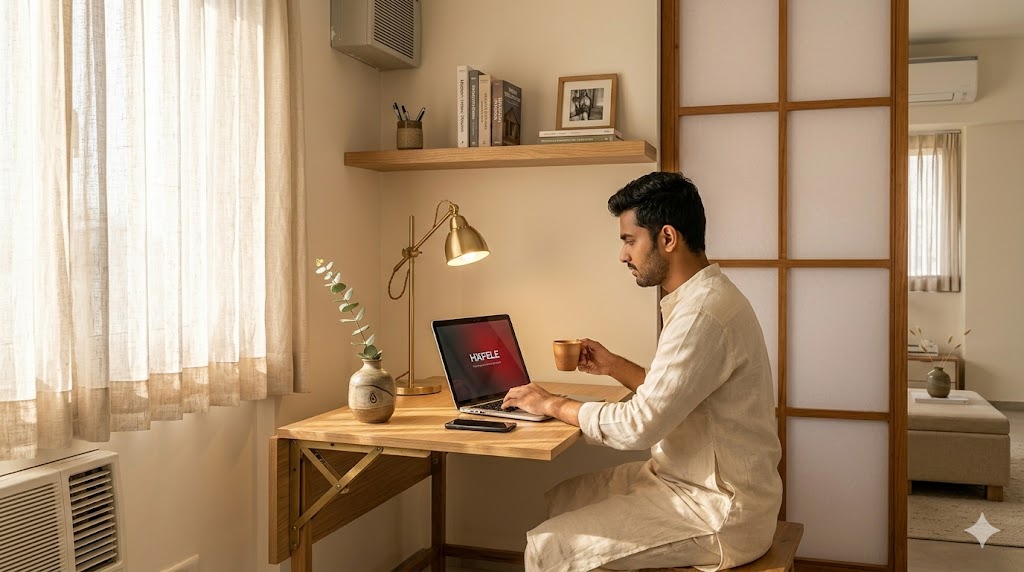 Häfele wall mounted fold down desk in a Bengaluru micro apartment study nook morning sunlight streaming through a sheer linen curtain a 100 cm oak veneer fold down desk drop leaf mechanism by Häfele open and supporting a laptop and a small brass anglepoise task lamp a stackable wooden chair tucked partially under the desk a single Auroville stoneware vase with a single eucalyptus stem on the desk a built in floating oak shelf above with three architecture books a Khurja stoneware pen holder and a small framed black and white photograph the desk folds flush against the wall when work ends recovering the floor entirely an Indian man in his late twenties working with a cup of filter coffee in his hand wearing a cream linen kurta magazine quality interior photograph compact Bengaluru WFH apartment quiet focused atmosphere
