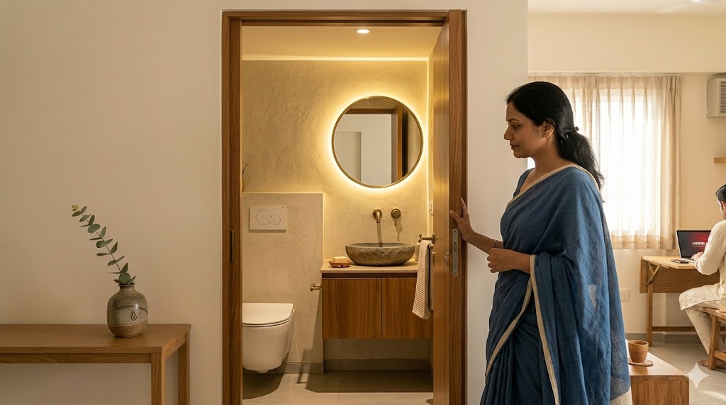 Pocket door bathroom entry in a Pune 2 BHK apartment late afternoon golden sidelight a frameless oak veneer pocket door half slid into the wall cavity revealing a compact 38 square foot bathroom with a wall hung WC by Geberit a floating teak veneer vanity 45 cm above the kota stone floor with a stone slab basin and an aged brass tap a circular brass framed mirror with warm 2700K backlight a single hand thrown Khurja terracotta soap dish on the vanity a folded oat linen waffle towel on a brass towel rail the recovered 1 square metre of floor outside the bathroom door visible in the foreground occupied by a low slim oak console with a single Auroville stoneware vessel an Indian woman in her forties wearing a soft cotton sari pulling the pocket door gently closed magazine quality interior photograph Pune 2 BHK quiet compact bathroom craft sensibility