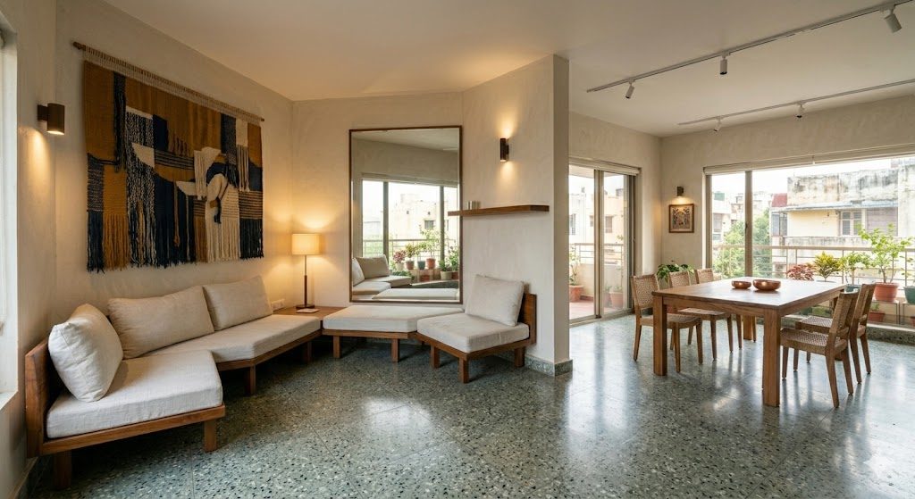 An open-plan living-dining space in an Indian apartment where the public zone reads as one generous, light-filled volume with clear sightlines instead of small walled rooms