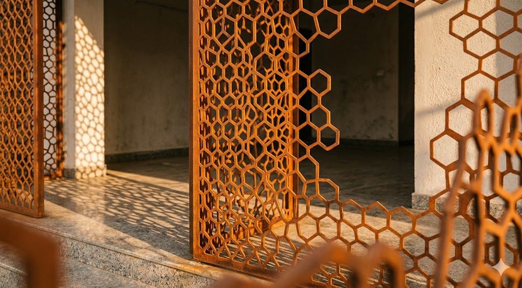 Documentary photograph of a contemporary Indian residence facade with a perforated jali screen in laser-cut metal or precast concrete catching late-afternoon light and casting dappled shadow onto an internal verandah