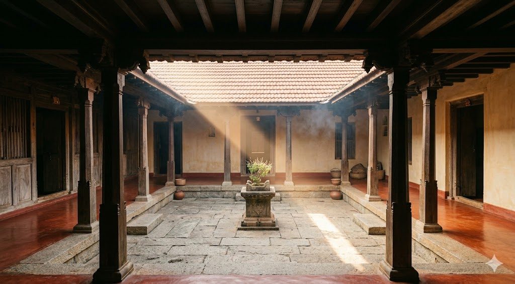 Documentary photograph of a traditional Indian courtyard home interior with central open-to-sky aangan, surrounding covered verandah supported by stone columns, polished red oxide floor, and a tulsi planter in the centre under a midday sun beam