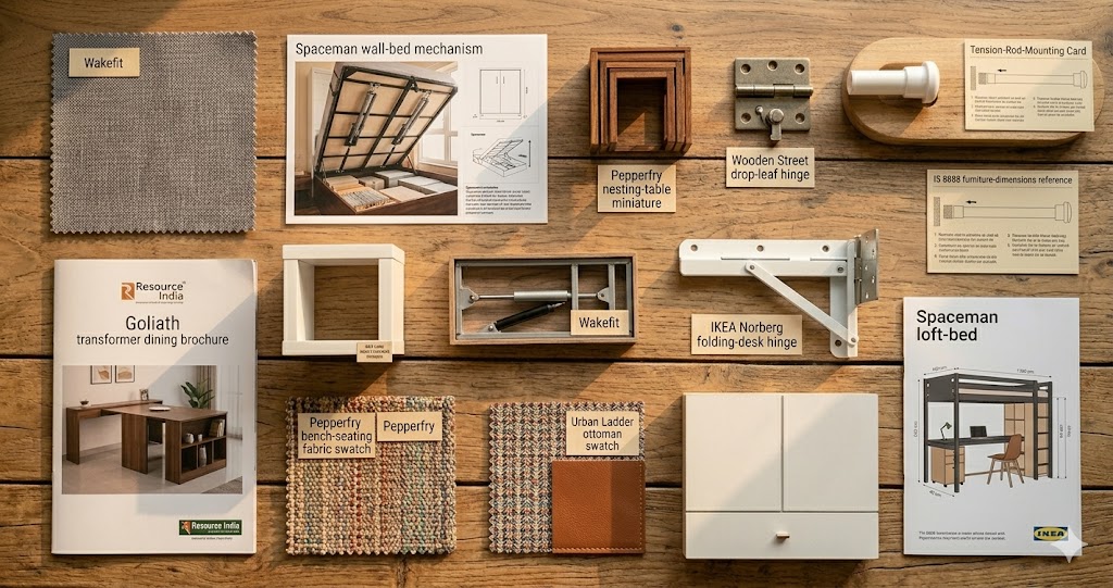 Side-by-side product photography of representative space-saving furniture pieces from twelve Indian brands — Wakefit hydraulic bed, IKEA PAX wardrobe, Spaceman India wall bed, Resource India Goliath transformer table, Wooden Street drop-leaf dining, Pepperfry ottoman, Hettich Tavolone hardware kit, Hafele lift mechanism, Sleek modular wardrobe, Wurfel modular, Godrej Interio Slimline, FabIndia nesting tables