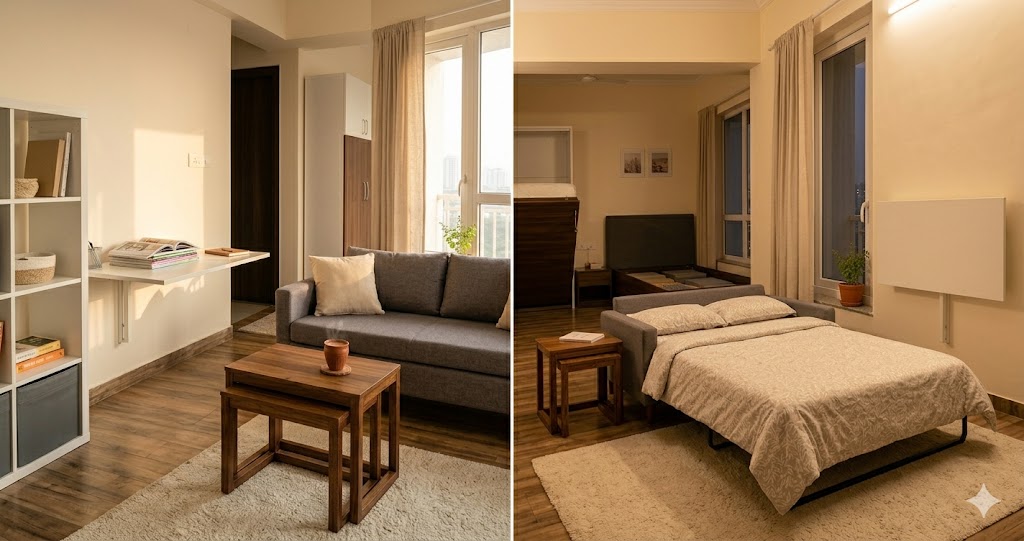 Top-down floorplan and elevation views of a 550-sqft Andheri West Mumbai 1 BHK furnished with six space-saving pieces — wall bed, sofa-cum-bed, drop-leaf dining, modular wardrobe, wall-mounted folding desk and ottoman storage — with sqft recovered annotations on each piece