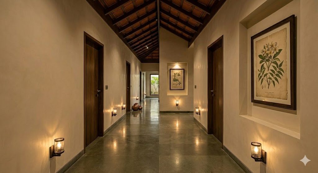 Quiet Indian private-zone corridor leading to bedrooms with low-level wall-sconce lighting, polished oxide floor, neutral wall colour, a single framed botanical print, and a deliberately calm and contemplative atmosphere — illustrating the architecture of the deepest privacy band