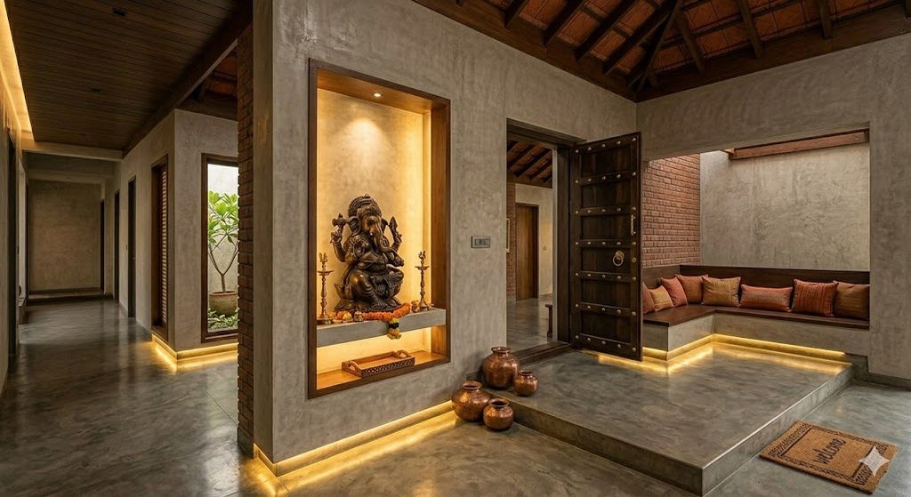 Indian house entry foyer at the public-zone threshold with a generous front door, raised plinth, console with a wall-mounted Ganesha niche, polished stone floor, a visible bench or otla-style seat, and a partial view through to the private interior screened by a jali — illustrating the architecture of the public zone