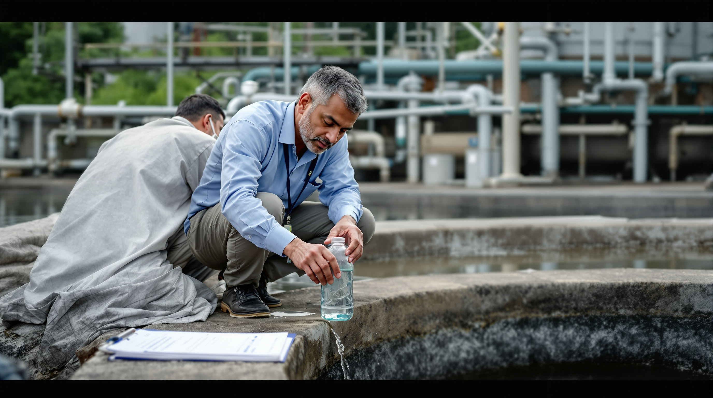 An Indian pollution control board officer collecting a treated effluent sample in a glass bottle at the outlet channel of a sewage treatment plant