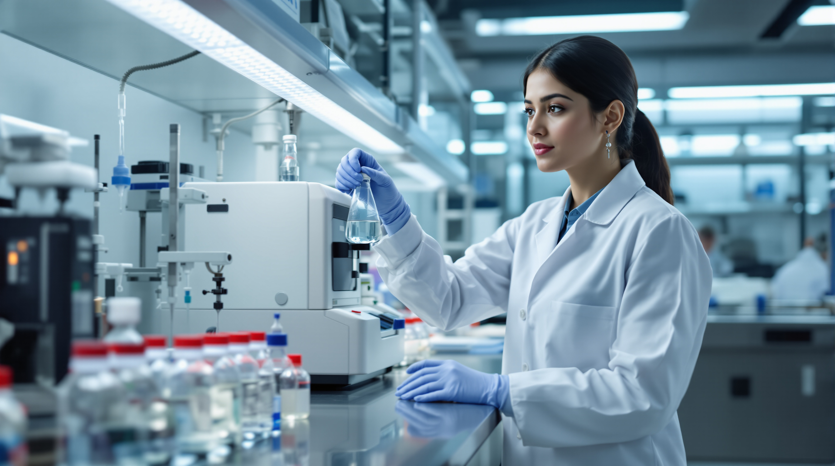 An Indian laboratory technician analysing a water sample in a beaker against measurement instruments in a water-quality testing lab