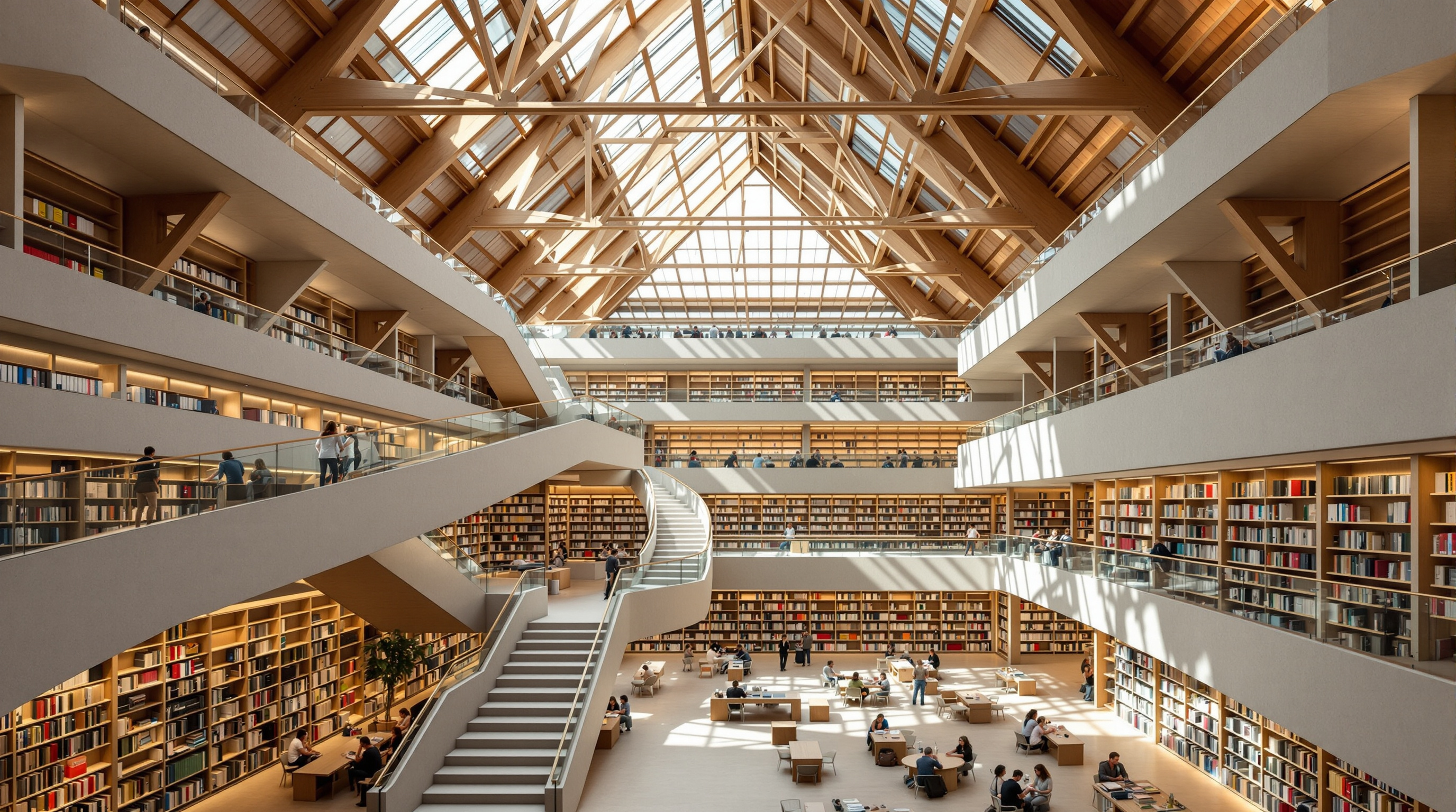Interior of the Book Mountain: a wide staircase climbs alongside continuous open bookshelves made of pale recycled fibre-cement, daylight pouring through the glass roof onto readers seated on terraces, the pyramidal stack rising overhead