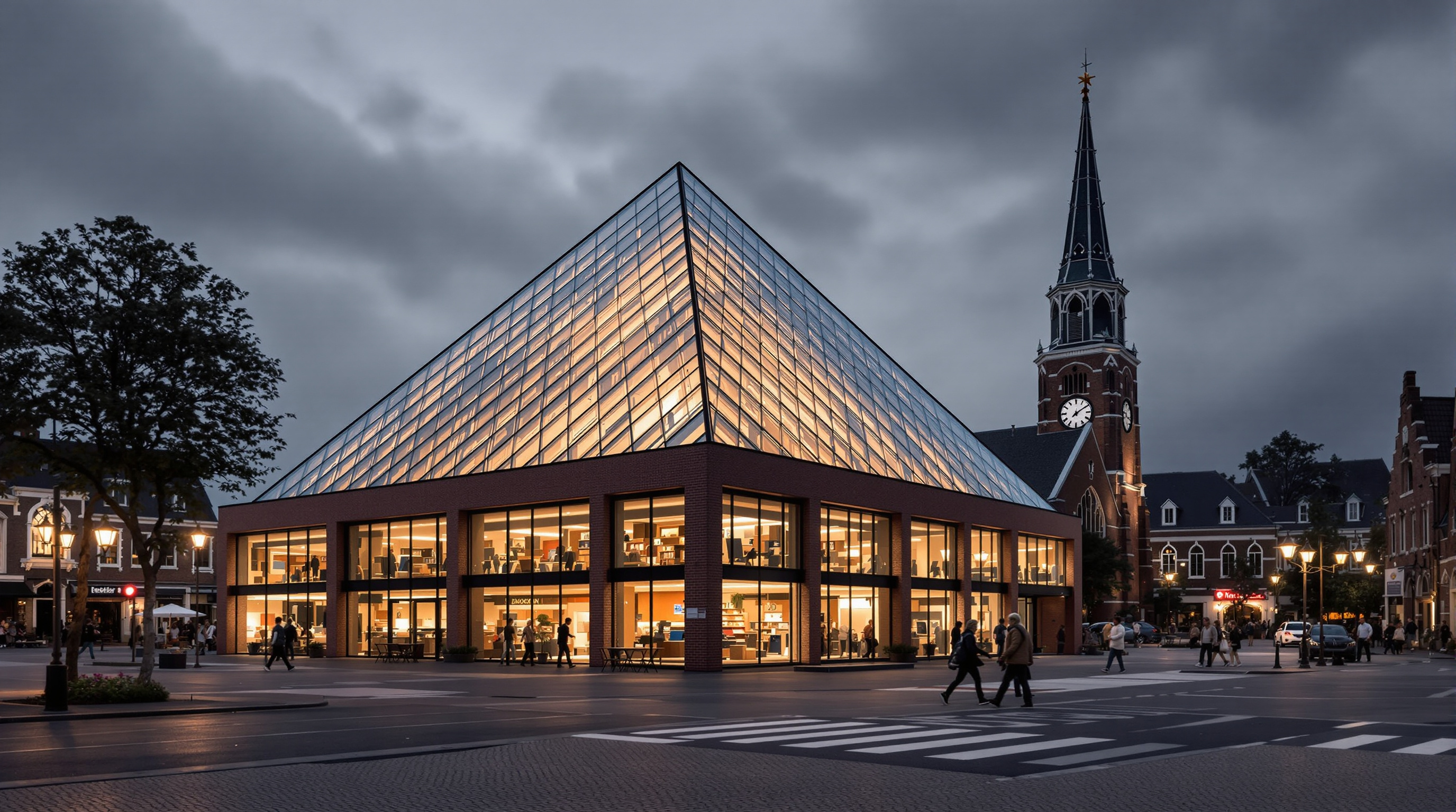 The Book Mountain seen across the Spijkenisse market square at dusk, its glass pyramid glowing warmly from within against a grey Dutch sky, the historic village church nearby, townspeople crossing the paving in the foreground