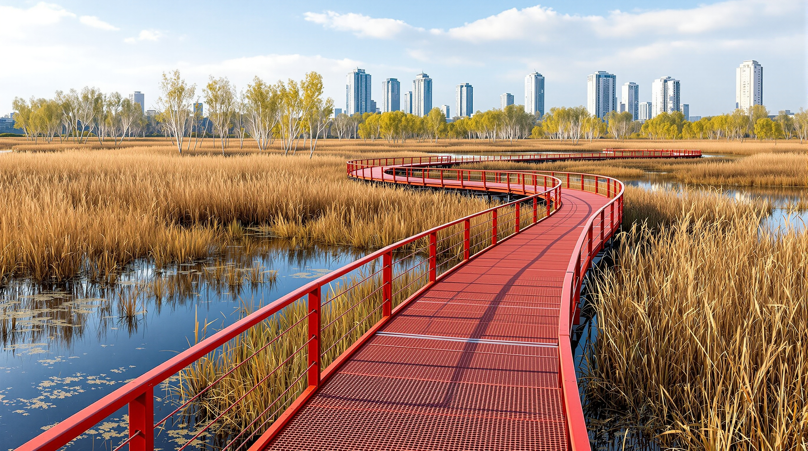 A meandering red-steel boardwalk winding through a restored wetland of tall reeds and native grasses in Harbin, ringed by ponds and birch groves, with apartment towers rising in the far distance