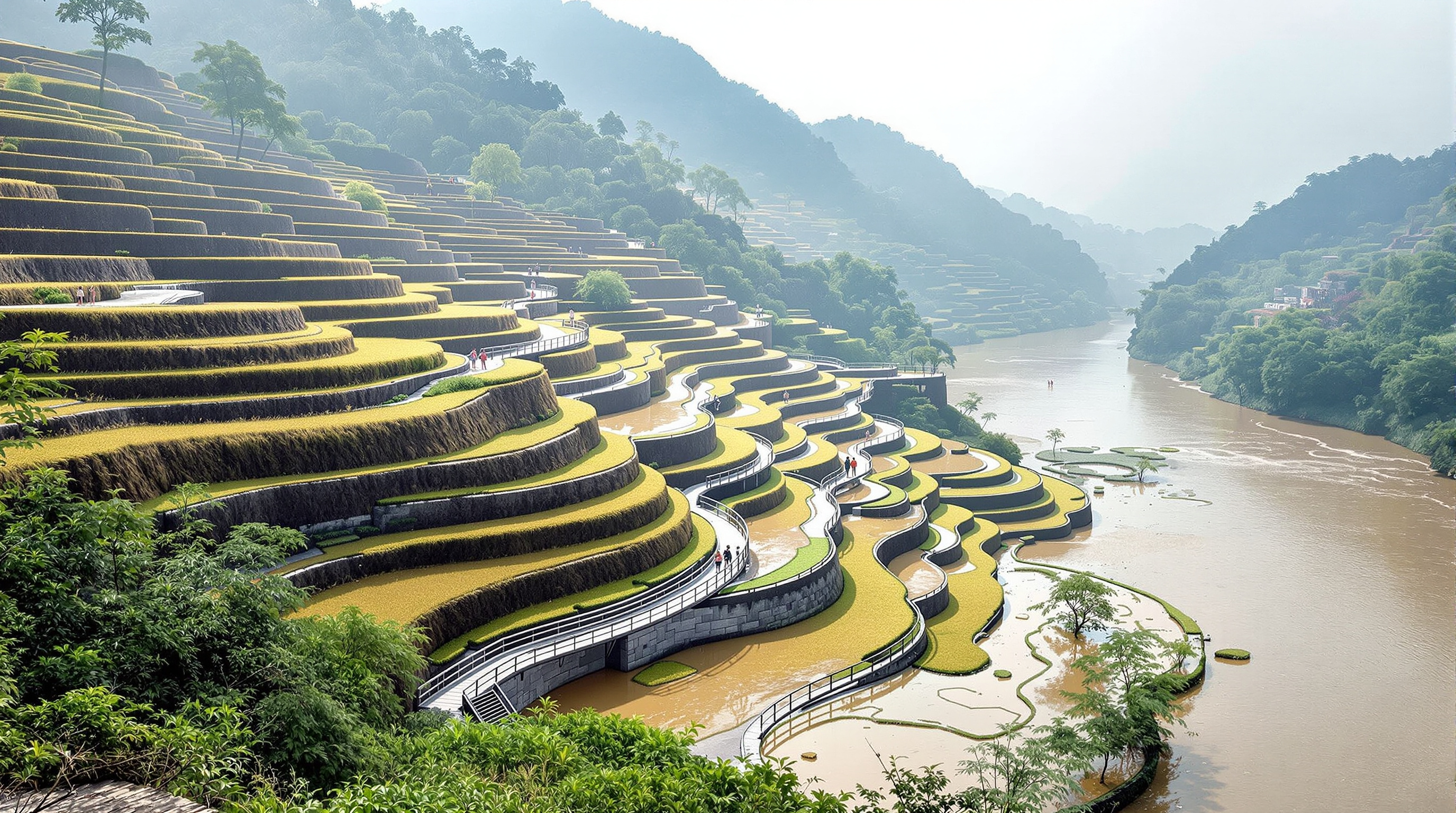 Terraced riverbank park in Jinhua, China: broad steps of native grasses and floodable pedestrian paths descending to a swollen river, some lower terraces submerged under muddy floodwater while walkers use the higher levels