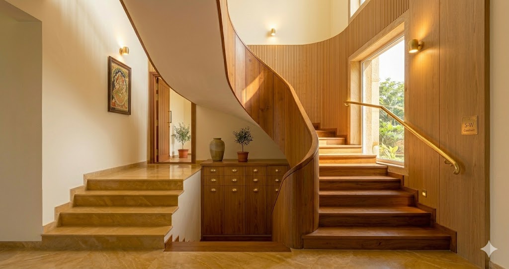 Wide-angle photograph of natural daylight pouring through a strategically placed window onto a teak staircase in a Pune villa the morning sun catching the warm grain of solid Burma teak treads a brass handrail on the right wall a sandstone-framed window halfway up the flight a Jaisalmer stone landing at the top with a single Auroville stoneware vessel and a small olive plant in a terracotta pot the staircase clearly rising clockwise from west to east closed risers in matching teak warm 2700K wall sconces on the left wall mid-flight no people calm uplifting atmosphere magazine-quality interior photograph vastu-aligned villa staircase