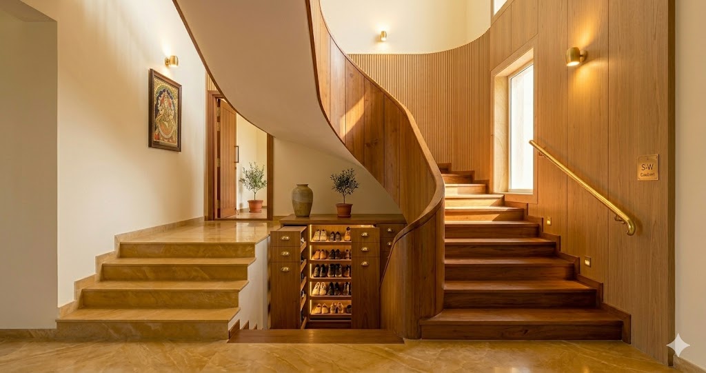 Wide-angle photograph of a beautifully designed under-stair shoe storage cabinet in a Mumbai duplex apartment showing floor-to-ceiling oak veneer push-to-open pull-outs with brushed brass cup handles internal warm 2700K LED strip lighting illuminating neatly arranged shoes a hand-thrown Auroville ceramic vessel on the small console above the cabinet a single piece of framed Tanjore art on the wall above the closed-riser staircase rising above the cabinet in warm teak treads no people calm utilitarian elegance magazine-quality interior photograph quiet luxury Indian sensibility