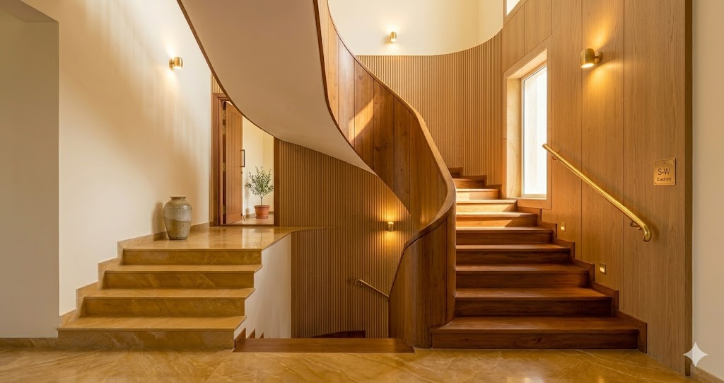 Wide-angle photograph of a vastu-compliant staircase in a Bengaluru duplex apartment showing a closed-riser teak staircase rising clockwise from the west wall toward the south landing with warm 2700K wall sconces and a single sandstone framed window pouring morning light across the steps brass handrail on the right side a small Auroville stoneware vessel on the landing oak veneer wall behind closed risers in solid Burma teak the staircase clearly anchored on the south-west corner of the open-plan ground floor magazine-quality interior photograph quiet luxury sensibility no people calm grounded atmosphere